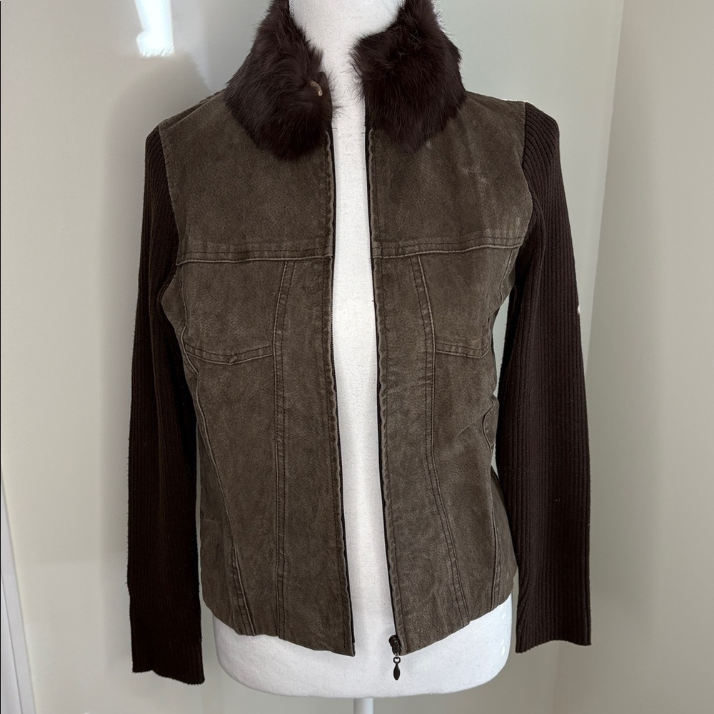 Escapade Brown Suede Bomber Style Zip Up Jacket with Faux Fur Collar. Med Petite